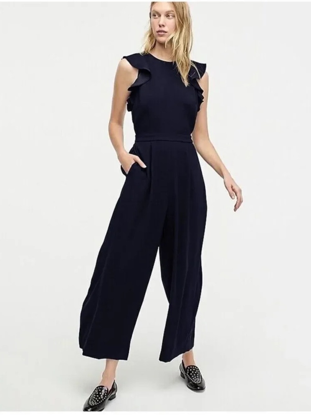 J.Crew Navy Ruffle-Sleeve Jumpsuit